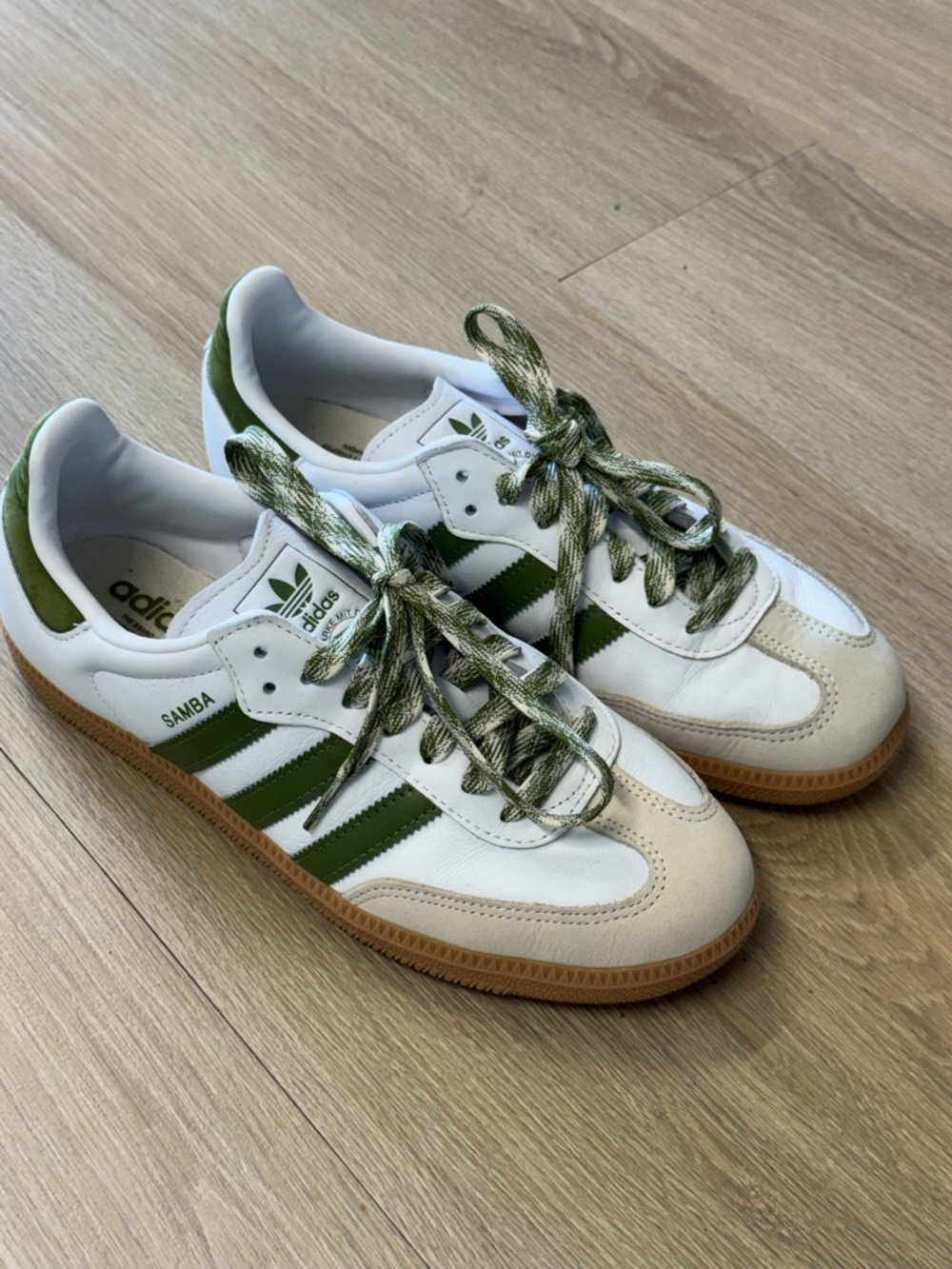 adidas White and Green Samba Sneakers with Gum Sole